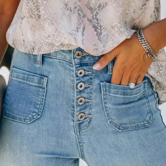 Women Medium Blue Button Fly Skinny Jeans Front Pocket Stretch Women's Sz M - Picture 7 of 10